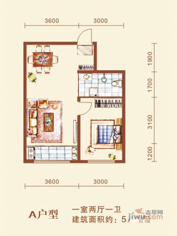 路弘阳光水岸1室2厅1卫53.4㎡户型图