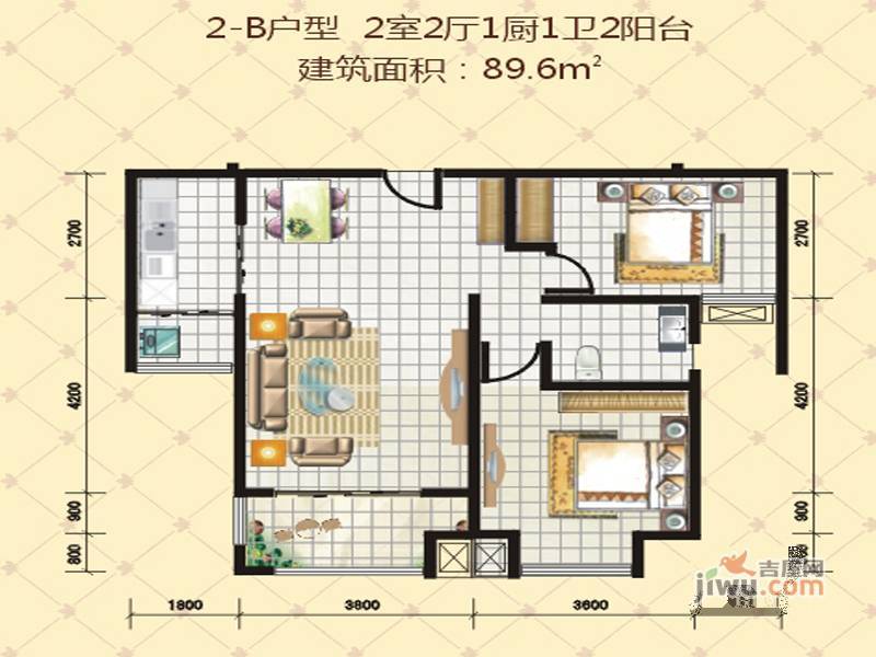 丽彩广场·逸景阁2室2厅1卫89.6㎡户型图