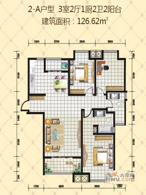 丽彩广场·逸景阁3室2厅2卫126.6㎡户型图