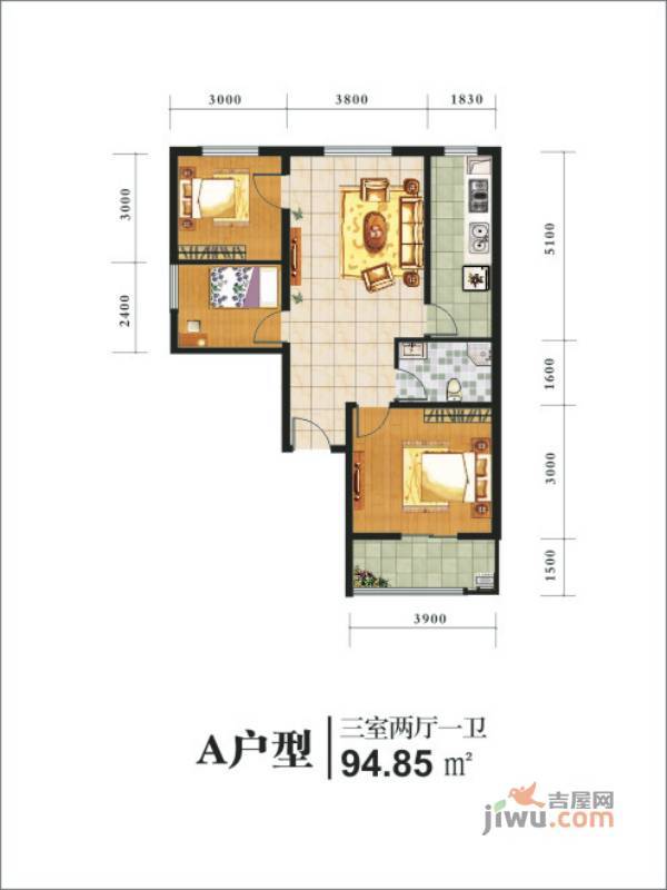 沁园茗居3室2厅1卫94.8㎡户型图