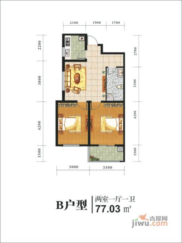 沁园茗居2室1厅1卫77㎡户型图