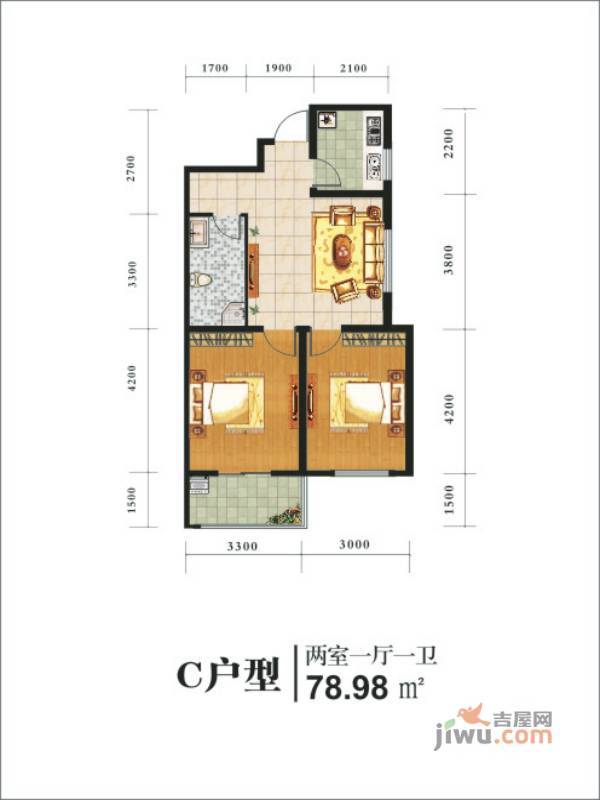 沁园茗居2室1厅1卫77㎡户型图