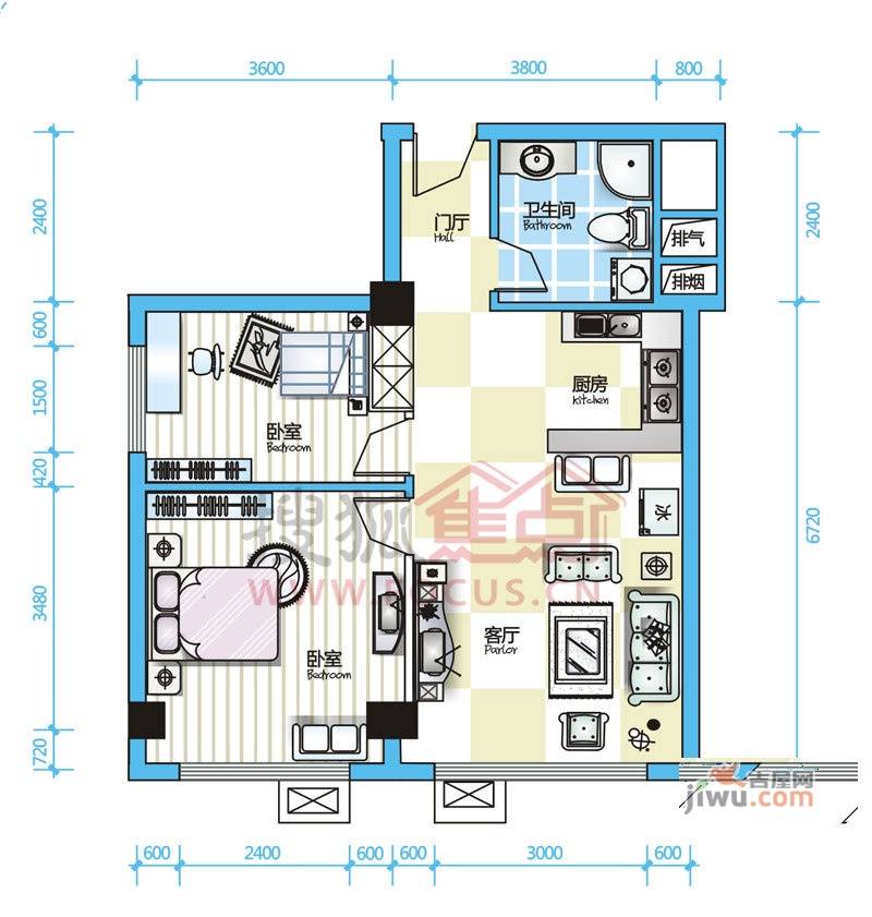 沙发公寓2室1厅1卫84.8㎡户型图