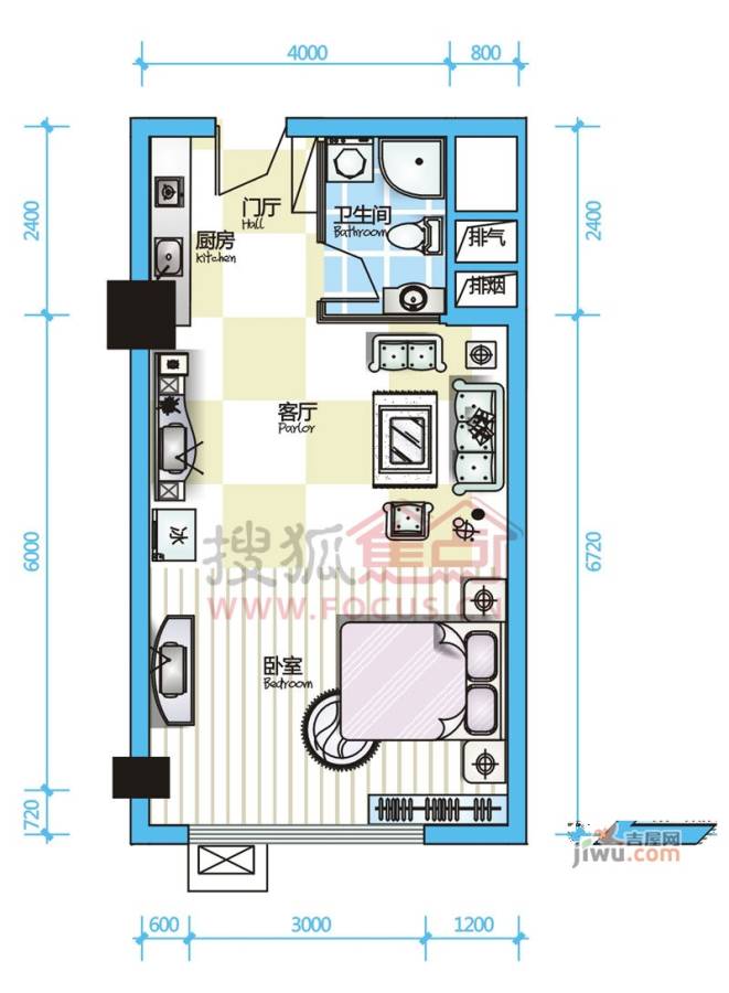 沙发公寓1室1厅1卫51.5㎡户型图