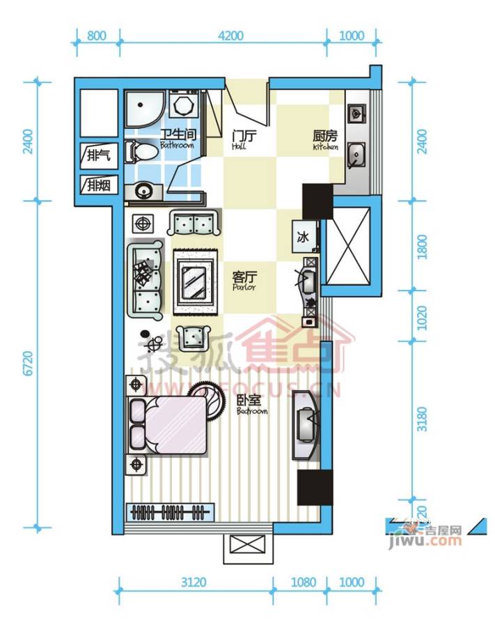 沙发公寓1室1厅1卫51.5㎡户型图