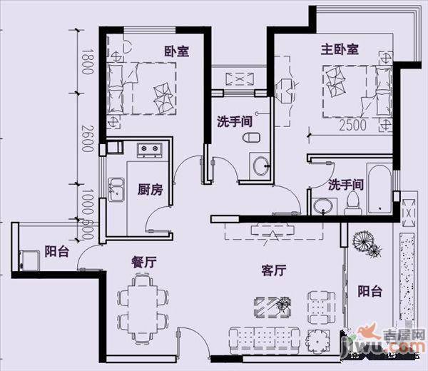 极目楚天2室2厅2卫89.5㎡户型图