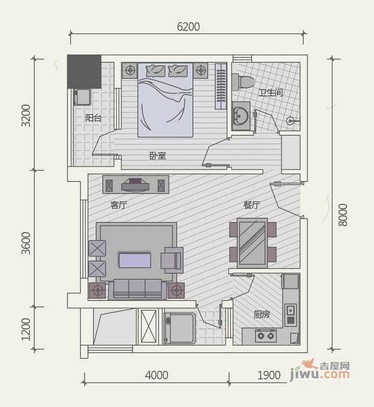 极目楚天1室2厅1卫59.7㎡户型图