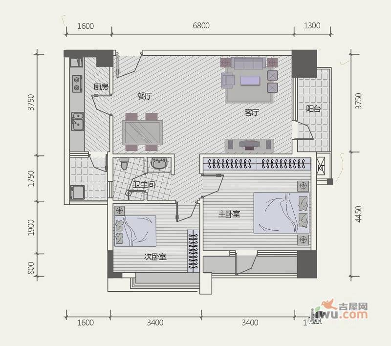 极目楚天2室2厅1卫85.4㎡户型图