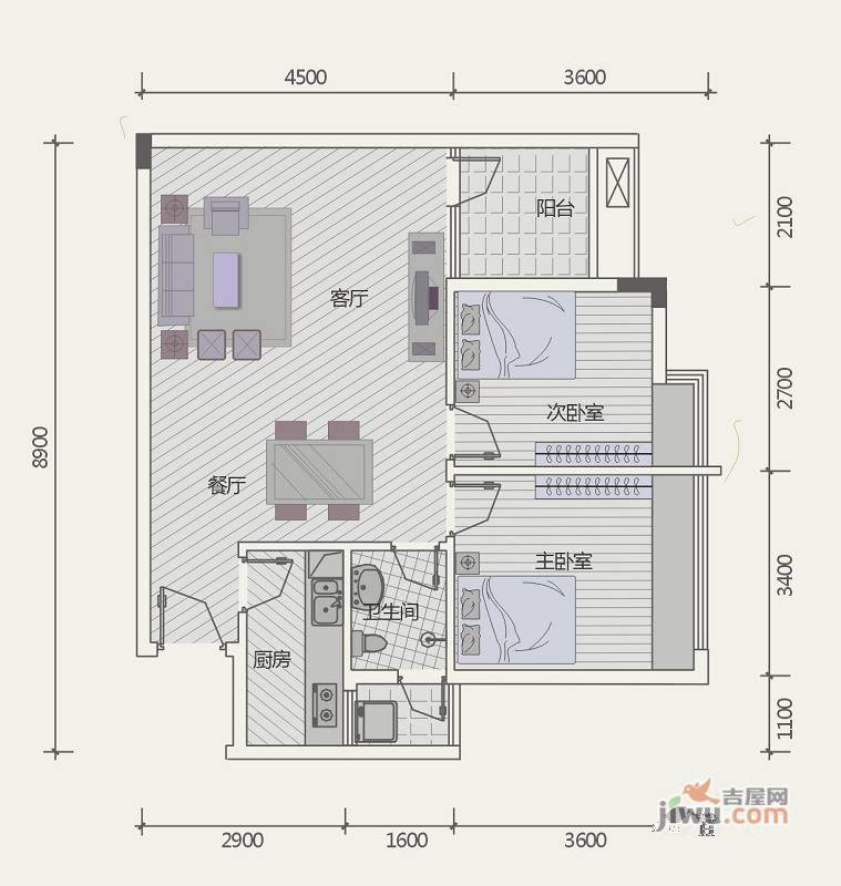 极目楚天2室2厅1卫73.9㎡户型图