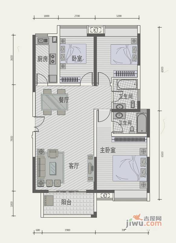 极目楚天3室2厅2卫117.6㎡户型图