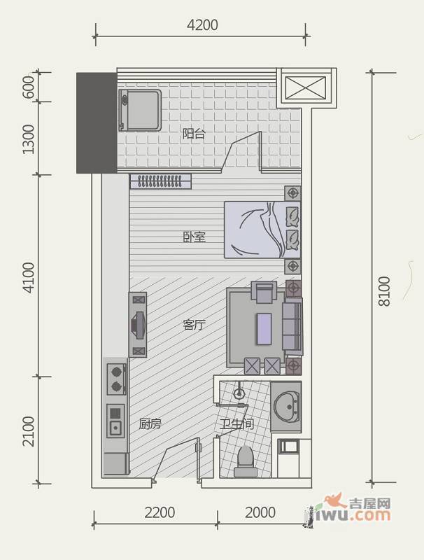 极目楚天1室1厅1卫37.4㎡户型图