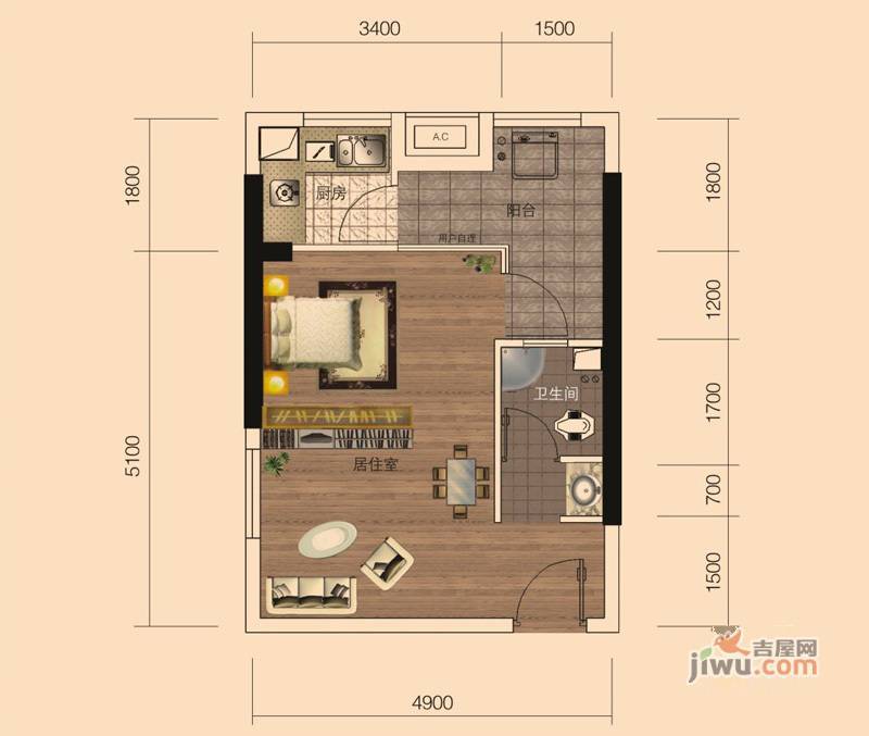 湘域城邦1室1厅1卫45㎡户型图