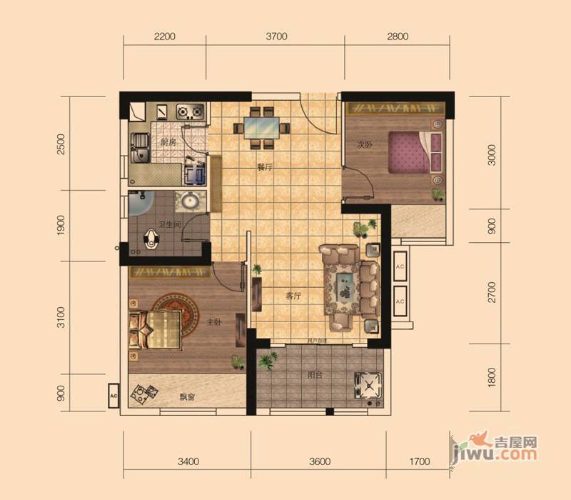 湘域城邦2室2厅1卫82㎡户型图