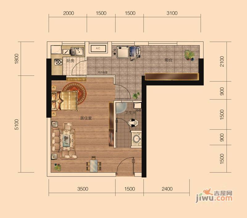 湘域城邦1室1厅1卫55㎡户型图