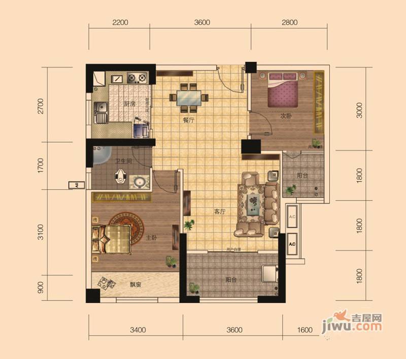 湘域城邦2室2厅1卫85㎡户型图