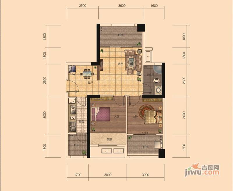 湘域城邦2室2厅1卫87㎡户型图