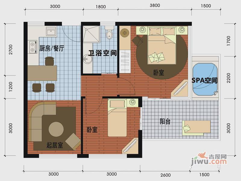 天沐温泉谷3室1厅1卫65㎡户型图