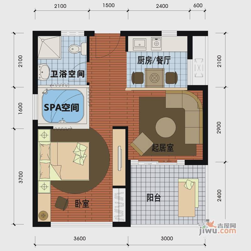 天沐温泉谷2室1厅1卫54㎡户型图