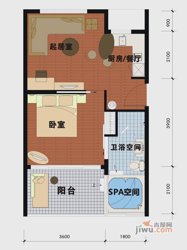 天沐温泉谷2室1厅1卫55㎡户型图