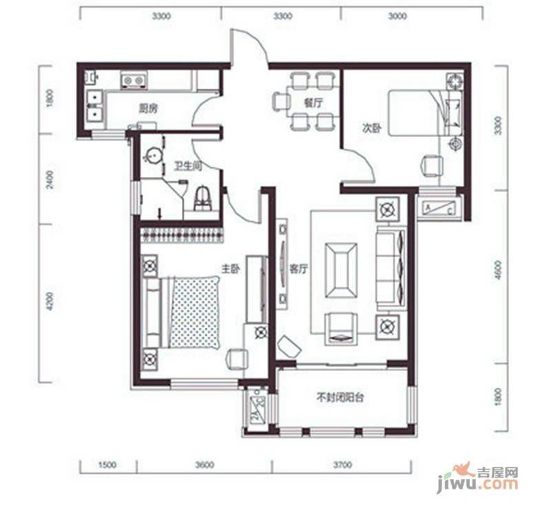 德仁·翡翠城2室2厅1卫87.3㎡户型图