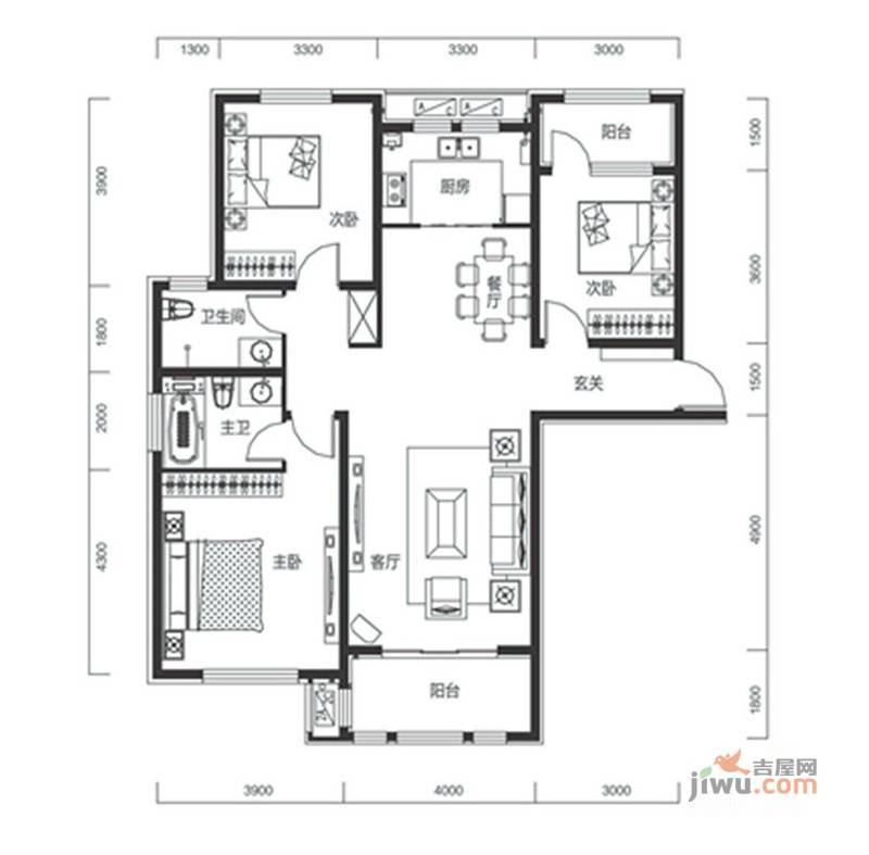 德仁·翡翠城3室2厅2卫139㎡户型图