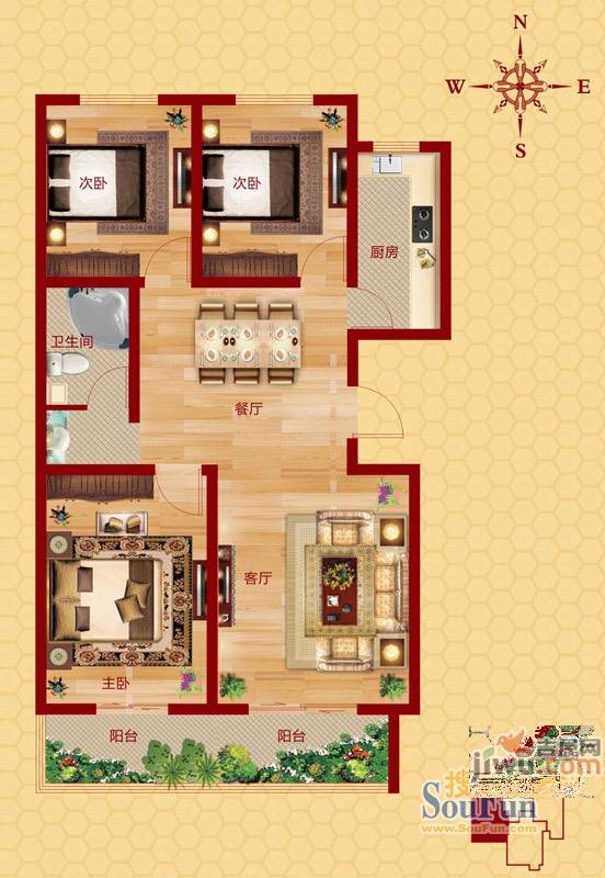 尚德佳苑3室2厅1卫108.5㎡户型图