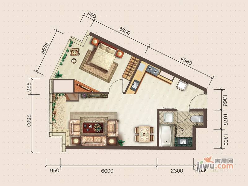 廊坊新世界中心1室1厅1卫74.6㎡户型图