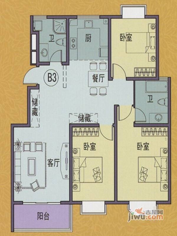 扬州印象花园3室2厅2卫125㎡户型图