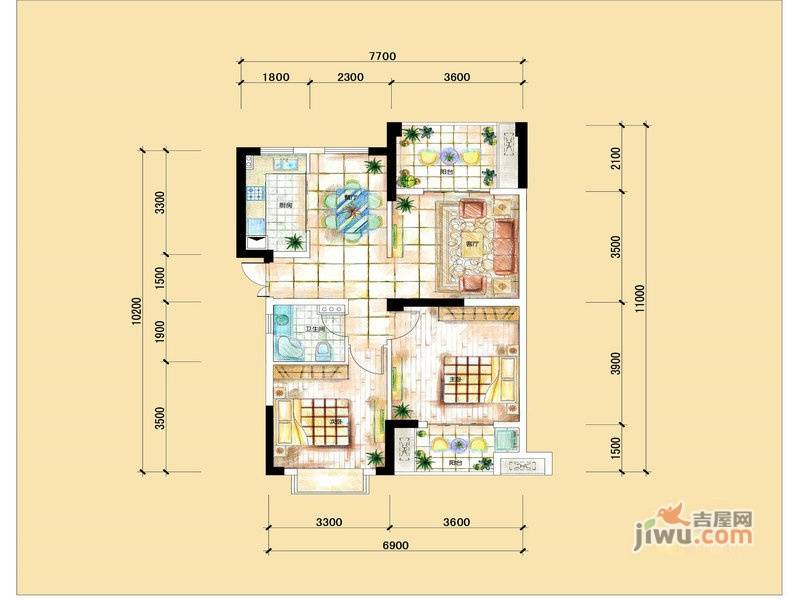 华门亮堂2室2厅1卫89㎡户型图