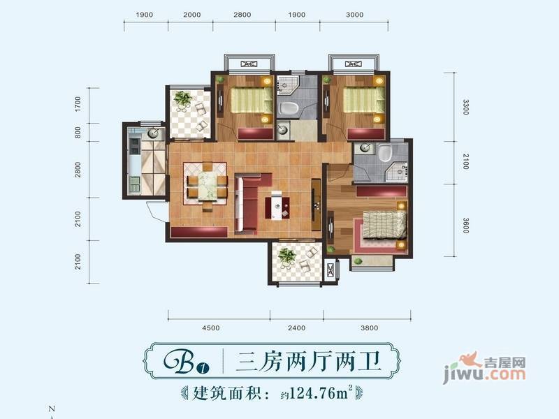 美联德玛假日3室2厅2卫124.8㎡户型图