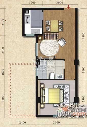 美联西马名仕1室1厅1卫48.3㎡户型图