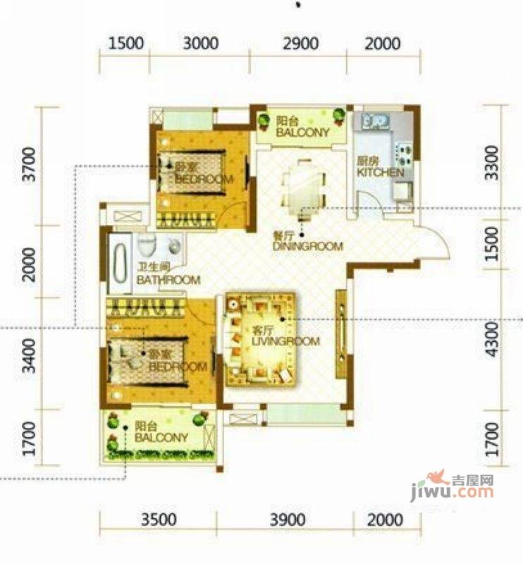 名流人和天地五期2室2厅1卫96㎡户型图