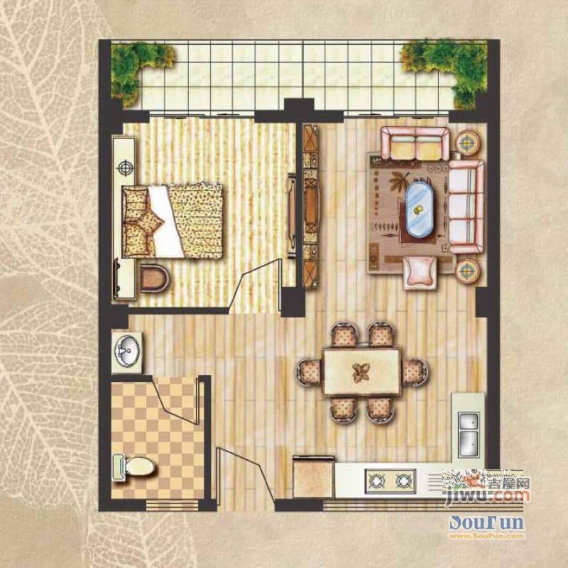 昊城景都二期1室2厅1卫60.2㎡户型图