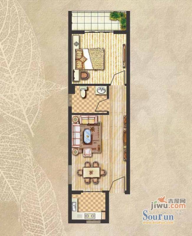 昊城景都二期1室2厅1卫53.4㎡户型图