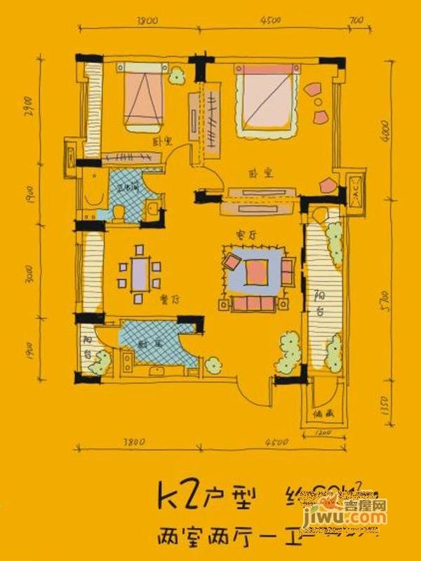 惠风同庆花园三期蜜糖镇metown2室2厅1卫89㎡户型图