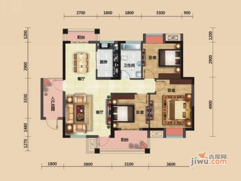 名流仕家3室2厅1卫107.5㎡户型图