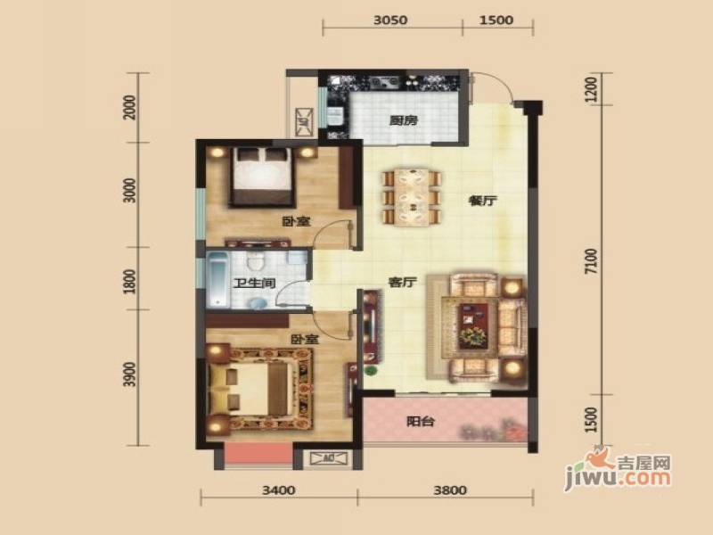 名流仕家2室2厅1卫87.8㎡户型图