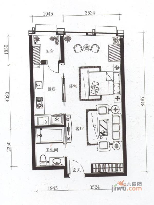 百步亭现代城三区1室1厅1卫75.4㎡户型图