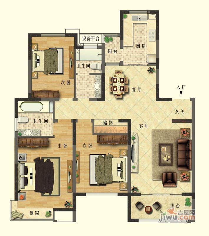 长江御园3室2厅2卫140㎡户型图