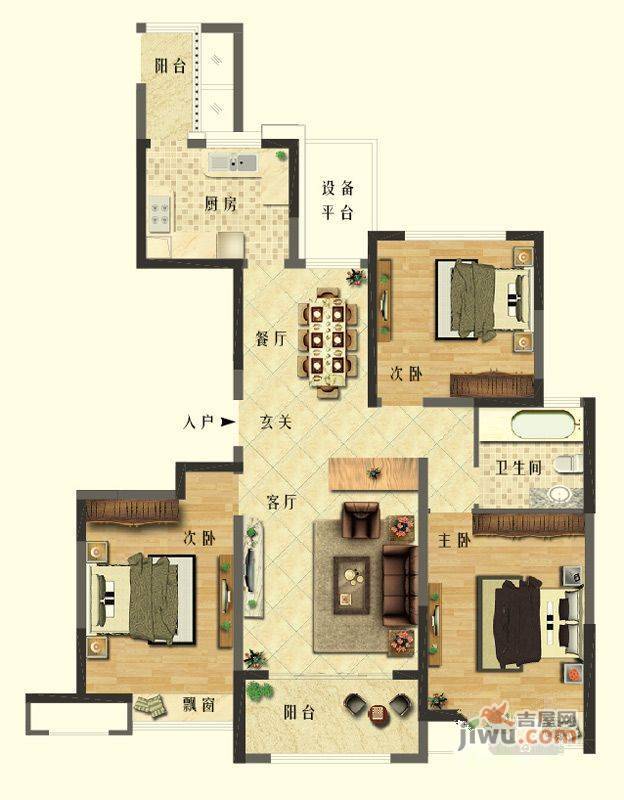 长江御园3室2厅1卫130㎡户型图