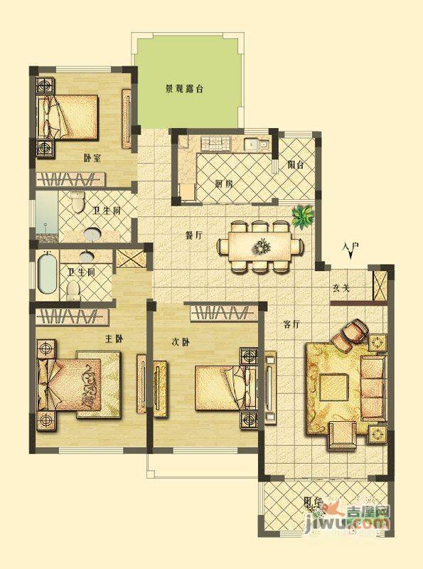 长江御园3室2厅2卫142㎡户型图