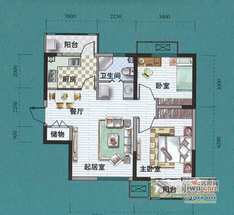 天房郦城2室2厅1卫60㎡户型图