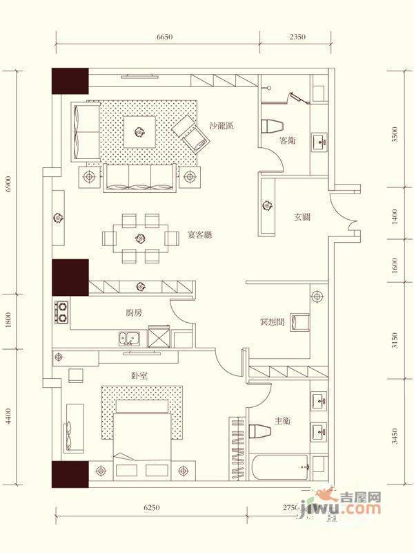 LA外滩1室2厅2卫163.3㎡户型图