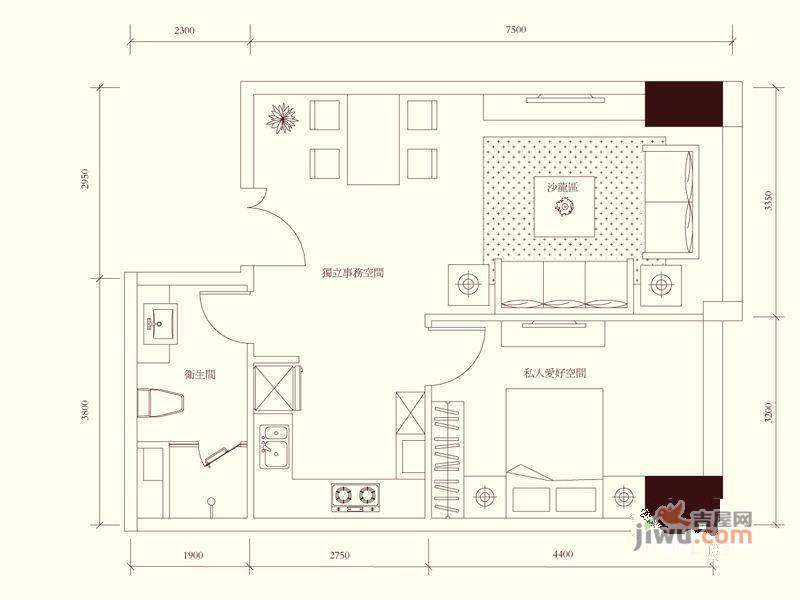 LA外滩1室2厅1卫73.8㎡户型图