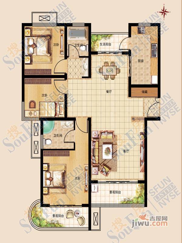 天安芝籣公馆3室2厅2卫133㎡户型图