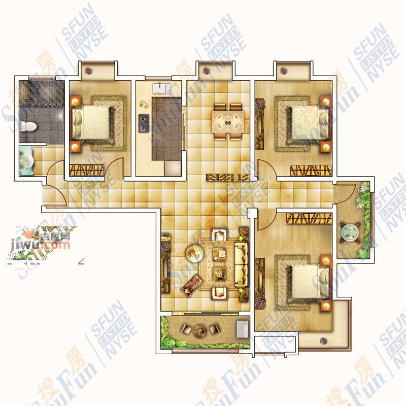 圣地华府3室2厅1卫154.5㎡户型图