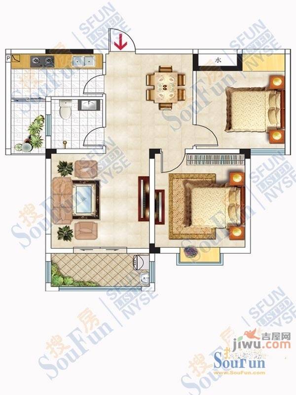 冠亚上城2室2厅1卫100㎡户型图