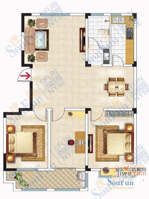 冠亚上城2室1厅1卫98㎡户型图