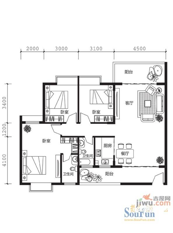 世景翠城3室2厅2卫116.5㎡户型图