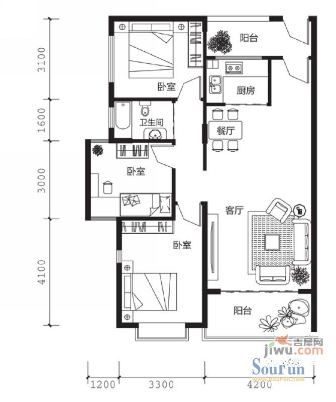 世景翠城3室2厅2卫102.1㎡户型图